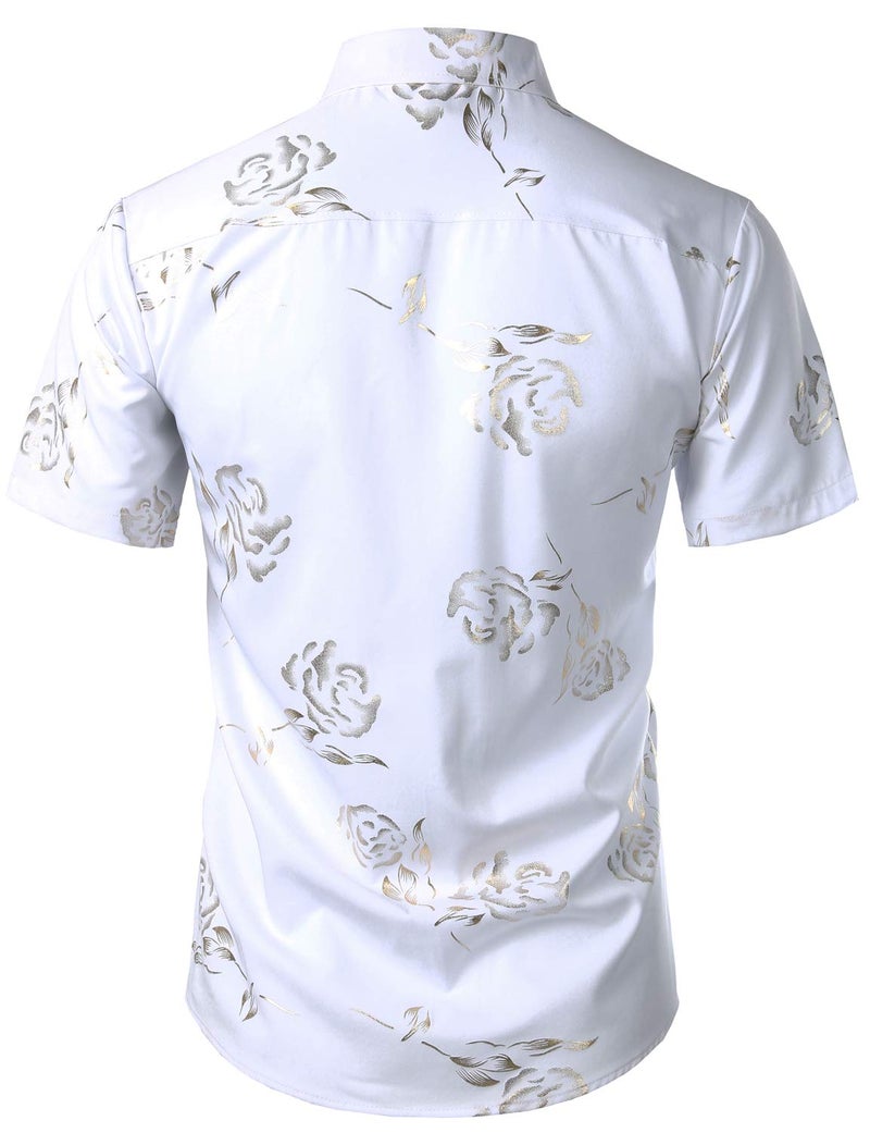 ZEROYAA Mens Hipster Gold Rose Printed Slim Fit Short Sleeve Button Down Dress Shirts ZZCL41 White Large - Image 2